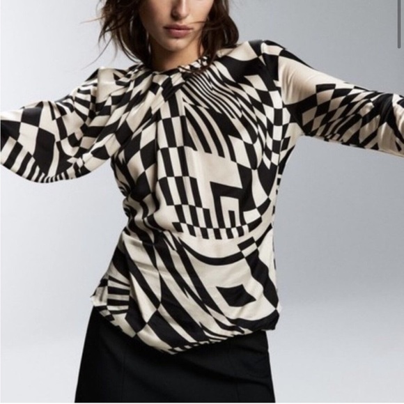 Zara Black and Ecru Draped Abstract Retro Domino Top Satin Material - Picture 1 of 7